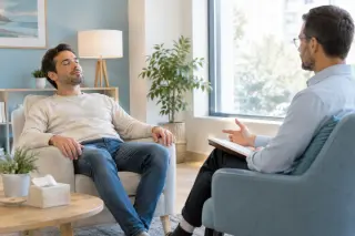 Consultation d'hypnose dans un cabinet moderne, un patient assis détendu et un praticien échangeant calmement dans une ambiance lumineuse et paisible.
